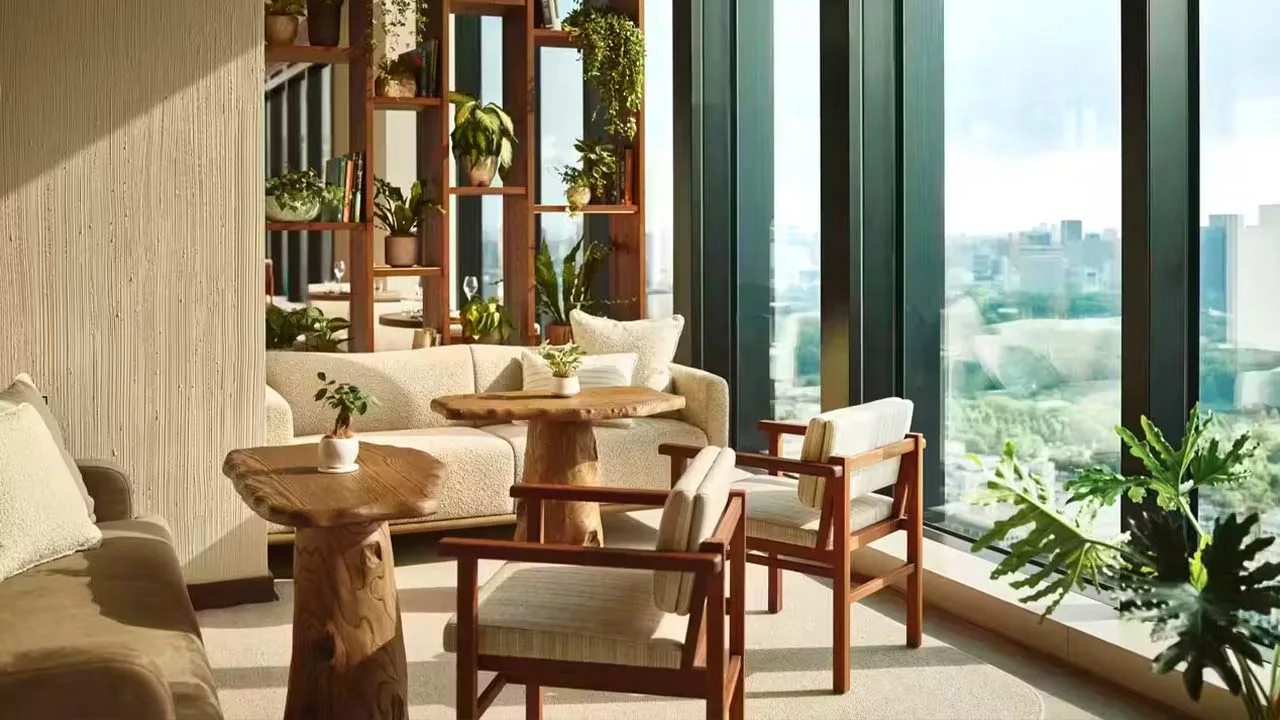 大きな窓から緑豊かな景色が広がる、1 Hotel Tokyo(ワンホテルトウキョウ)の開放的な特等席。木漏れ日のような自然光に包まれながら、ゆったりと語り合う優雅な午後を。
