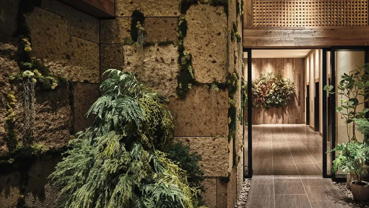 まるで深い森に迷い込んだかのような、1 Hotel Tokyo(ワンホテルトウキョウ)の苔むす石壁と木の温もりが美しい回廊。自然とモダンが調和した、フォトジェニックで神秘的な空間。