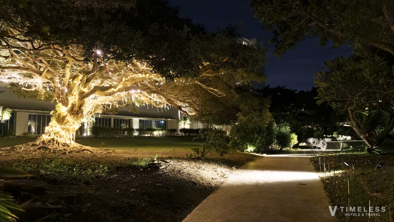 夜になるとホテルから残波ビーチまでの通路はライトアップ