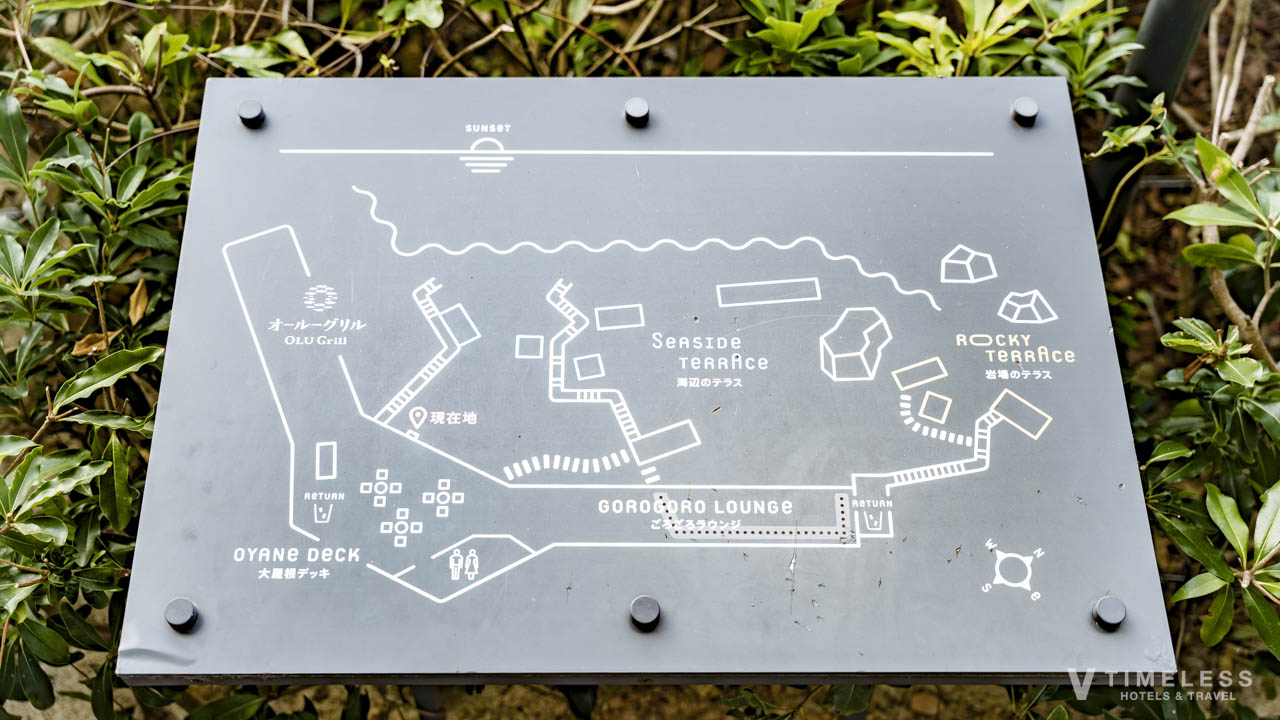 バンタカフェ by 星野リゾートの施設マップ案内板｜大展望デッキ・岩場テラス・ごろごろラウンジ