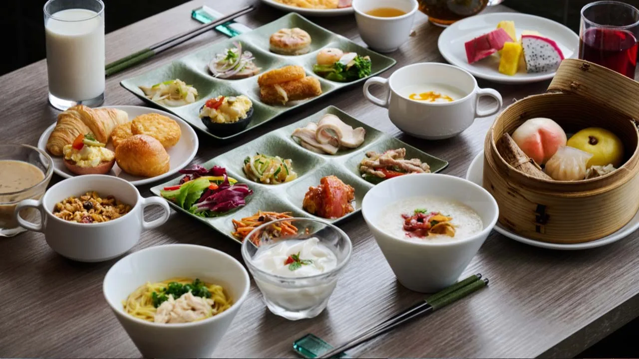 AQUASENSE Hotel & Resortの朝食ビュッフェ。色鮮やかな点心や中華粥など、朝から心が満たされる多彩なメニュー
