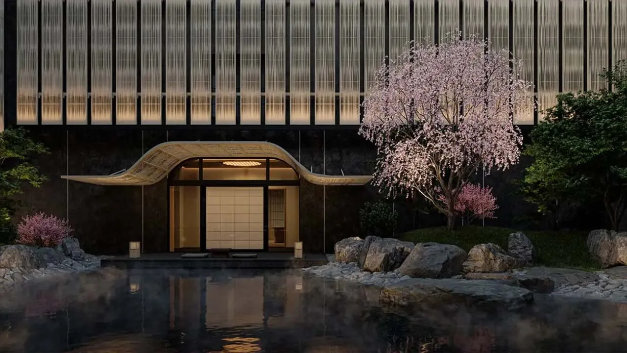 ライトアップされた枝垂れ桜と水鏡が幻想的なカペラ京都の中庭
