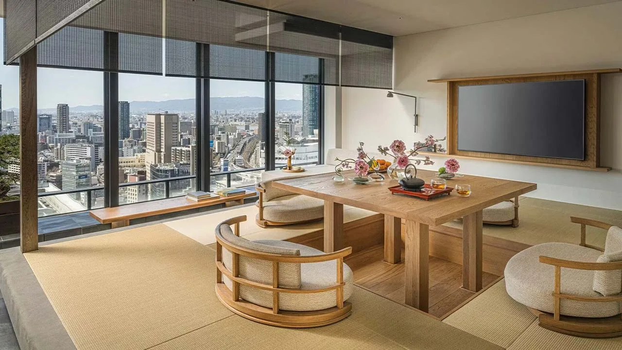 まるで天空に浮かんでいるようなフォーシーズンズホテル大阪の畳のお部屋で、絶景を眺めながら過ごす心和むリラックスタイム