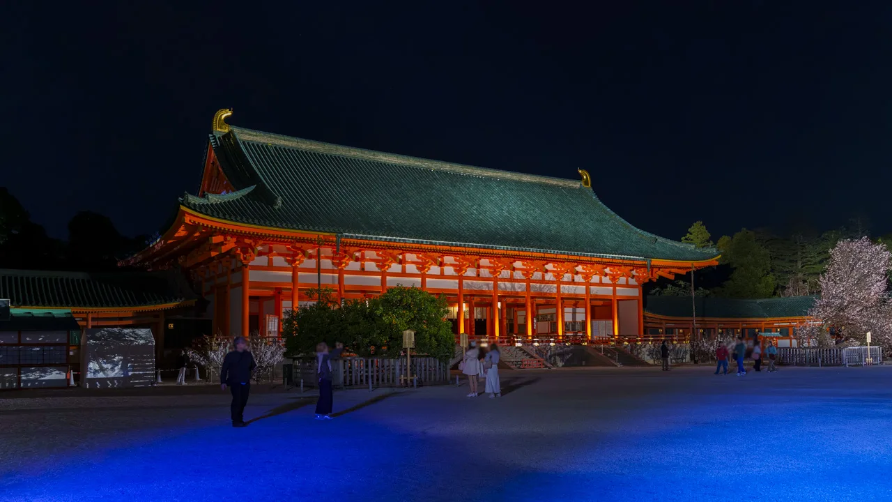夜の大極殿と、光を受けて咲く桜
