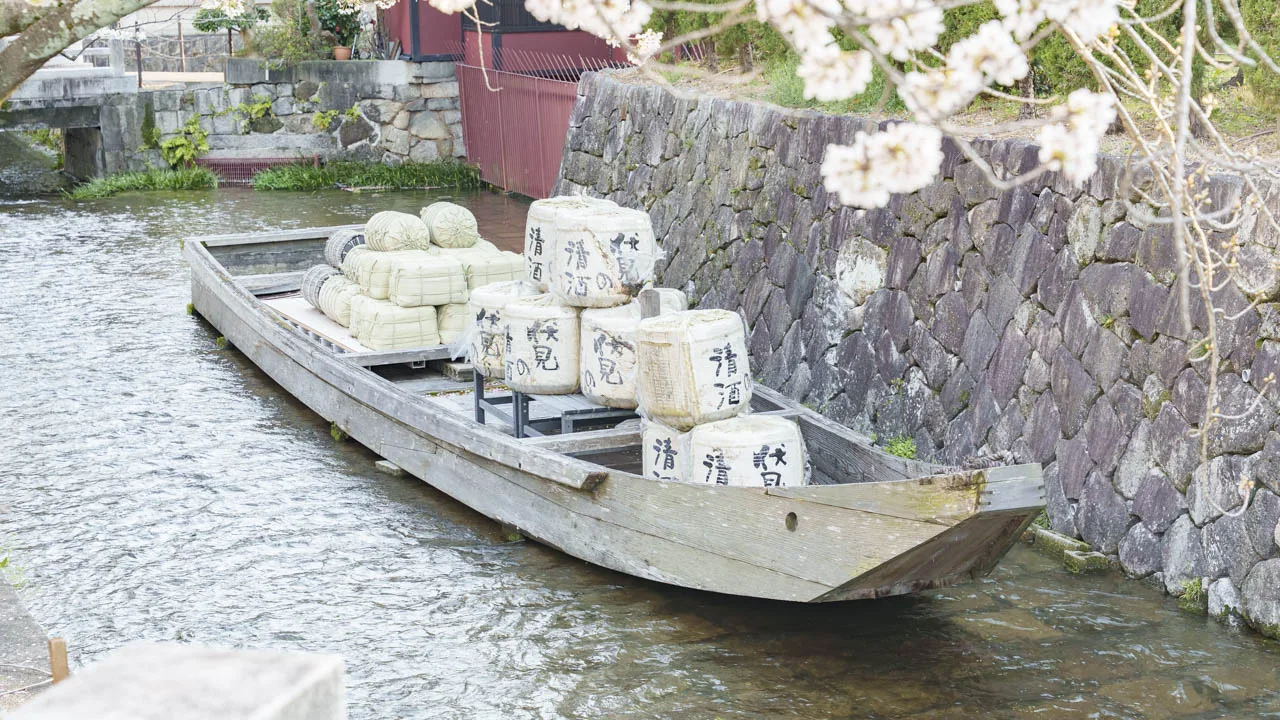桜の枝越しに見る一之船入の高瀬舟