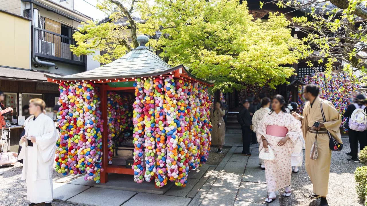 木漏れ日が揺れる八坂庚申堂。お気に入りの着物で、カラフルなくくり猿と残す特別な思い出