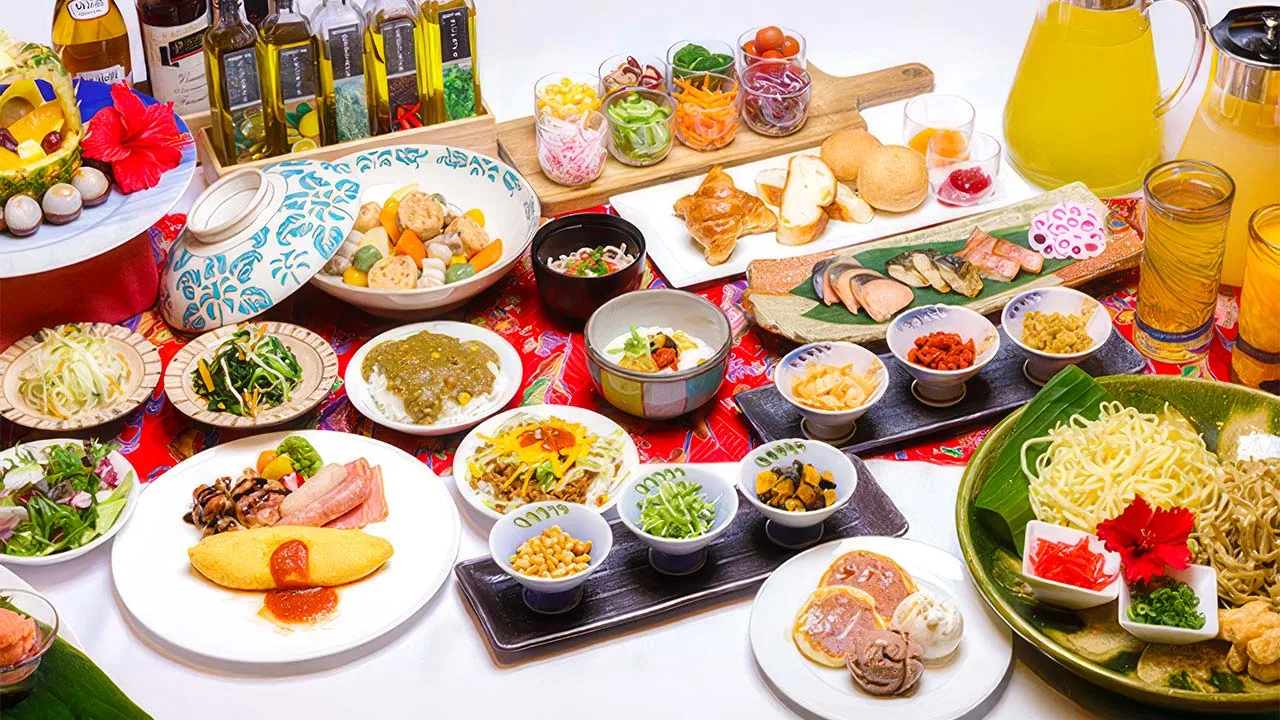 沖縄かりゆしビーチリゾート・オーシャンスパの彩り豊かなビュッフェ。色鮮やかな沖縄料理や華やかなスイーツが並び、心まで満たされる至福のテーブル