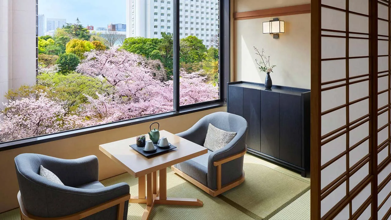 高輪 花香路の客室から見下ろす息を呑むほど美しい満開の桜。窓辺の特等席で温かいお茶をいただきながら、春爛漫の景色に酔いしれる贅沢なティータイム。